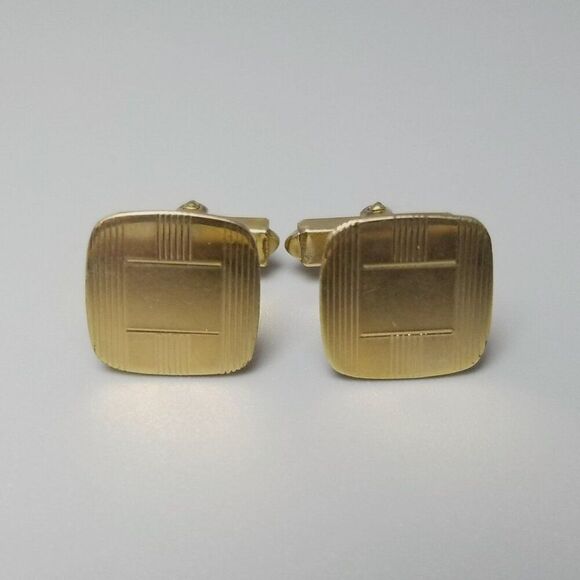 Vintage Square Pin Stripe Yellow Gold Filled Bullet Back Cufflinks, Campus - Picture 7 of 8